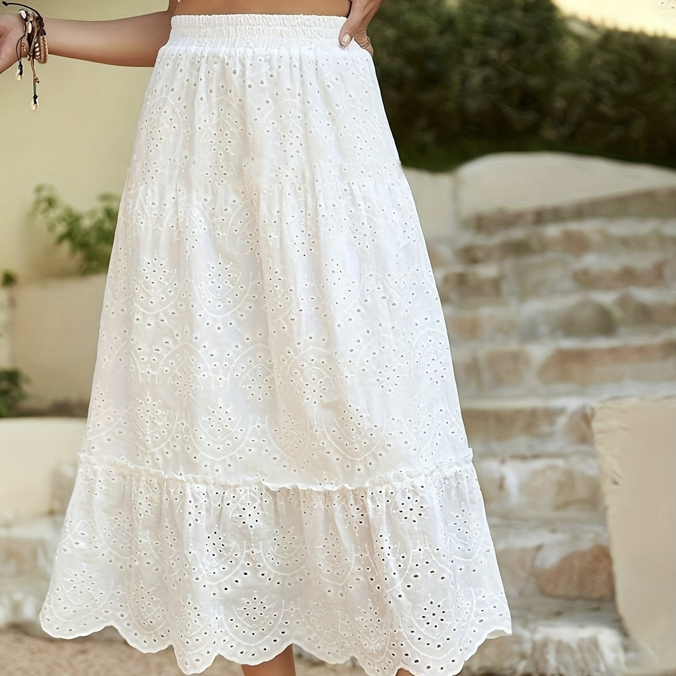 Ladies' Solid Color Hollow Flower Pattern Detail Long Style A Swing Skirt