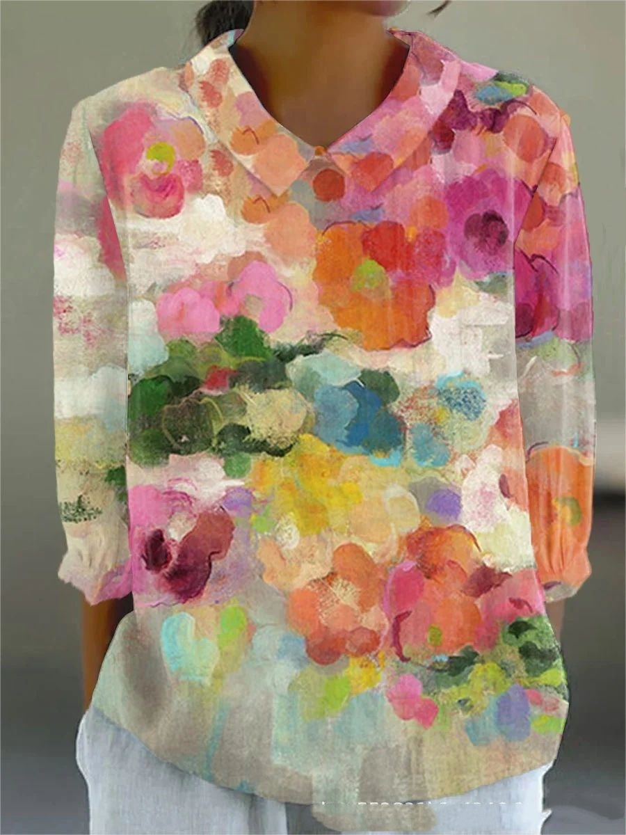 Summer Lapels Women's Long Sleeve Creative Retro Floral Japanese Simple