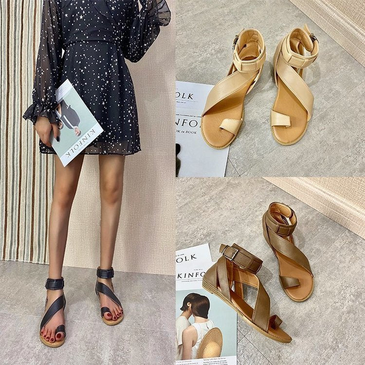 Hollow Flip Flops Retro Solid Color Strappy Sandals