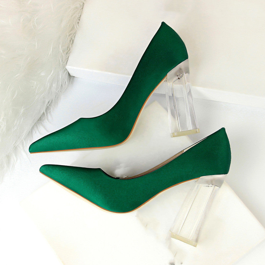 Womens Pumps Shoes Stiletto Satin Transparent Block High Heels