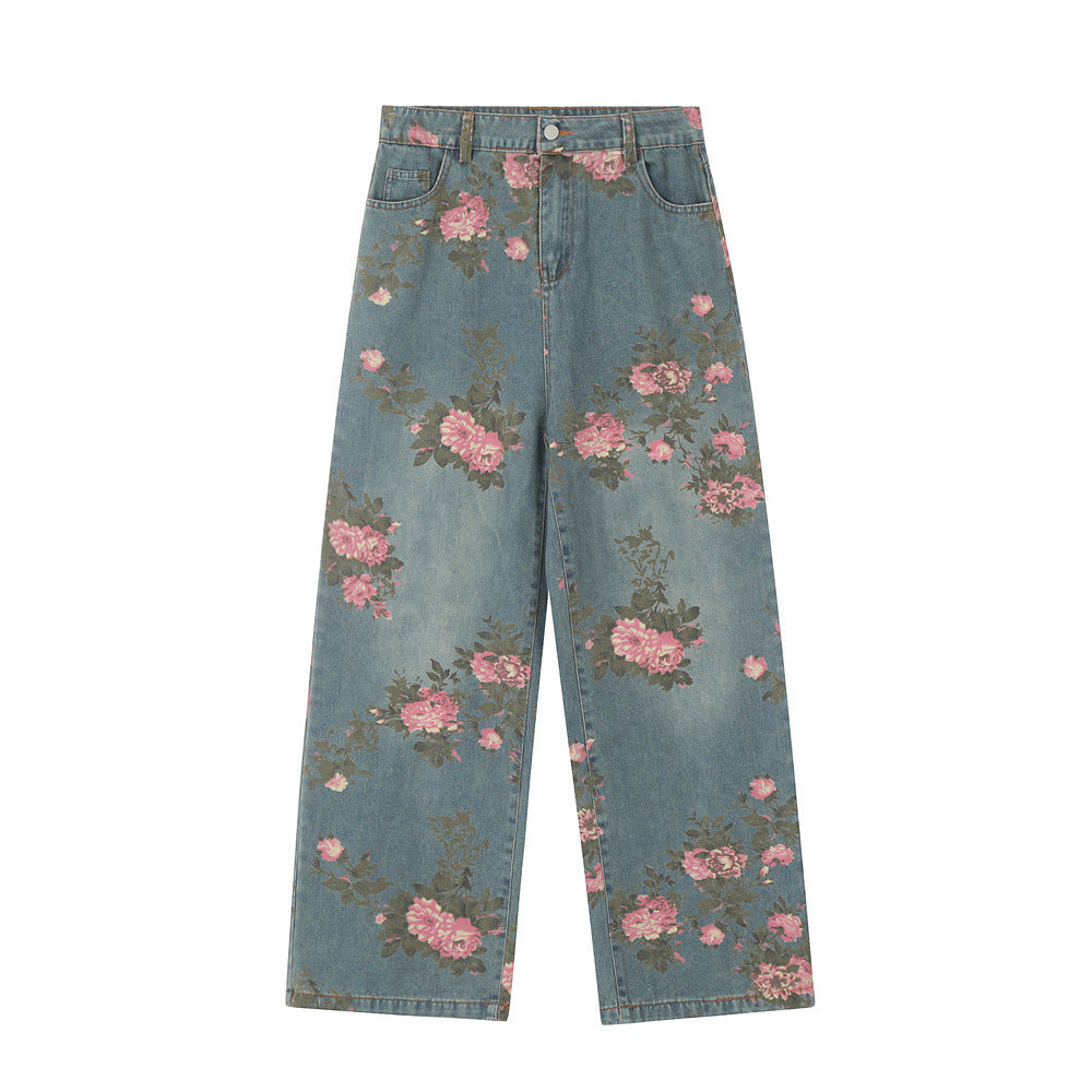 Men's Full Printed Rose Denim Trousers