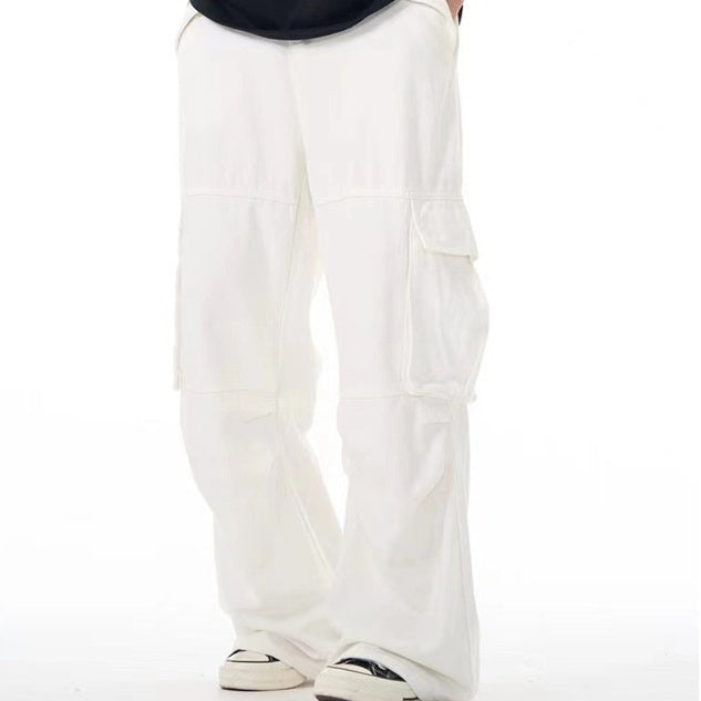 White Casual Three-dimensional Pocket Straight Summer New Loose Flared Trousers