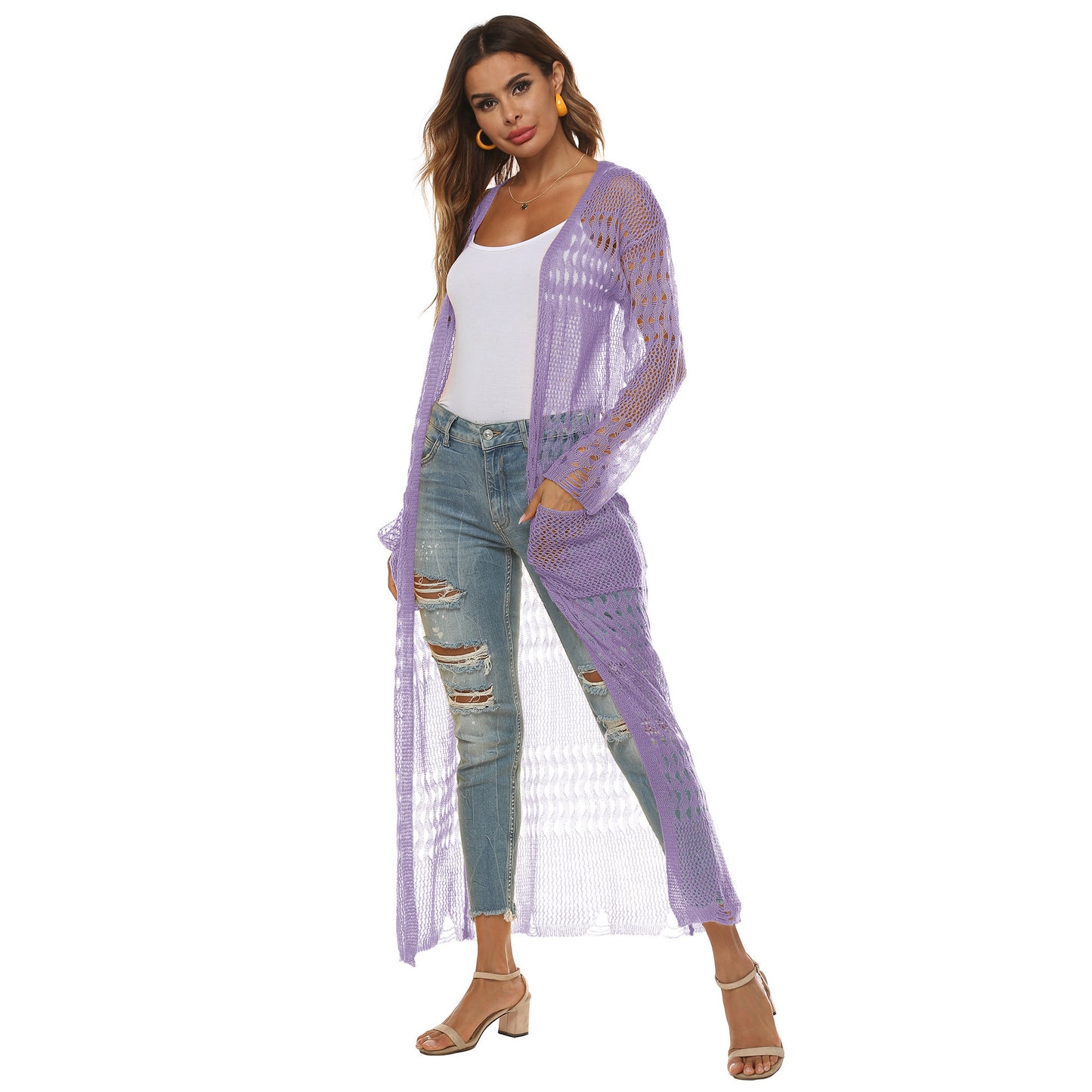 Women's Thin Woven Sweater Sheer Cutout Long