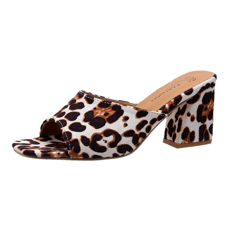 Leopard Square Toe Chunky Heel Shoes For Women