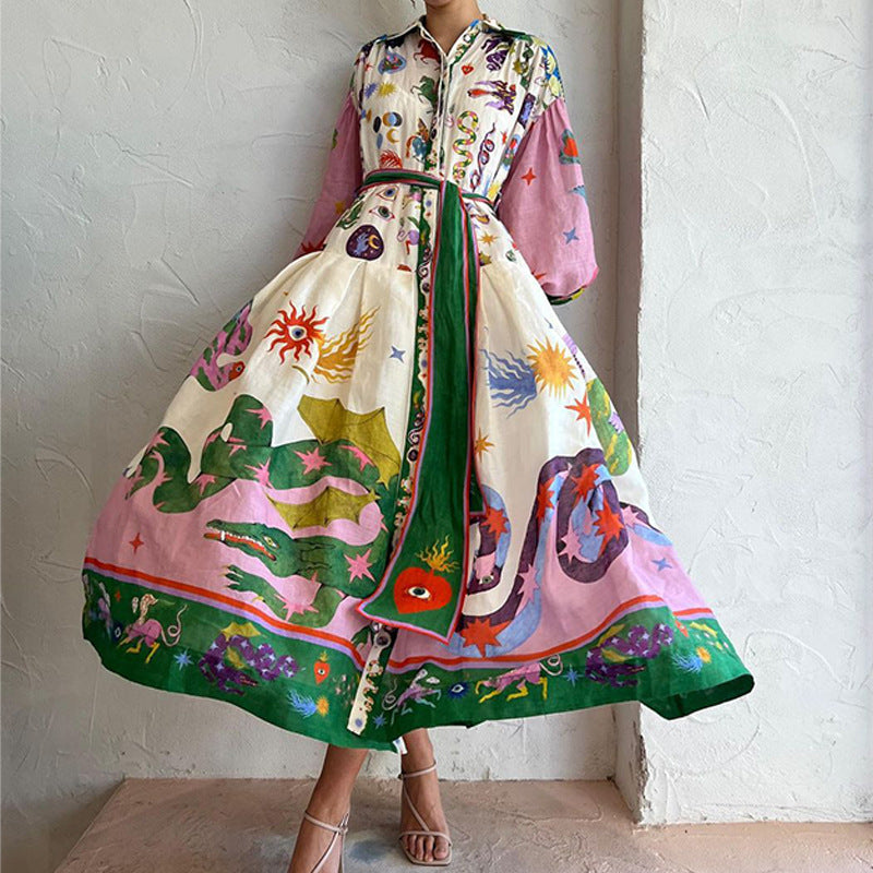Women Beach Dress With Belts A-Line Sleeve Robe