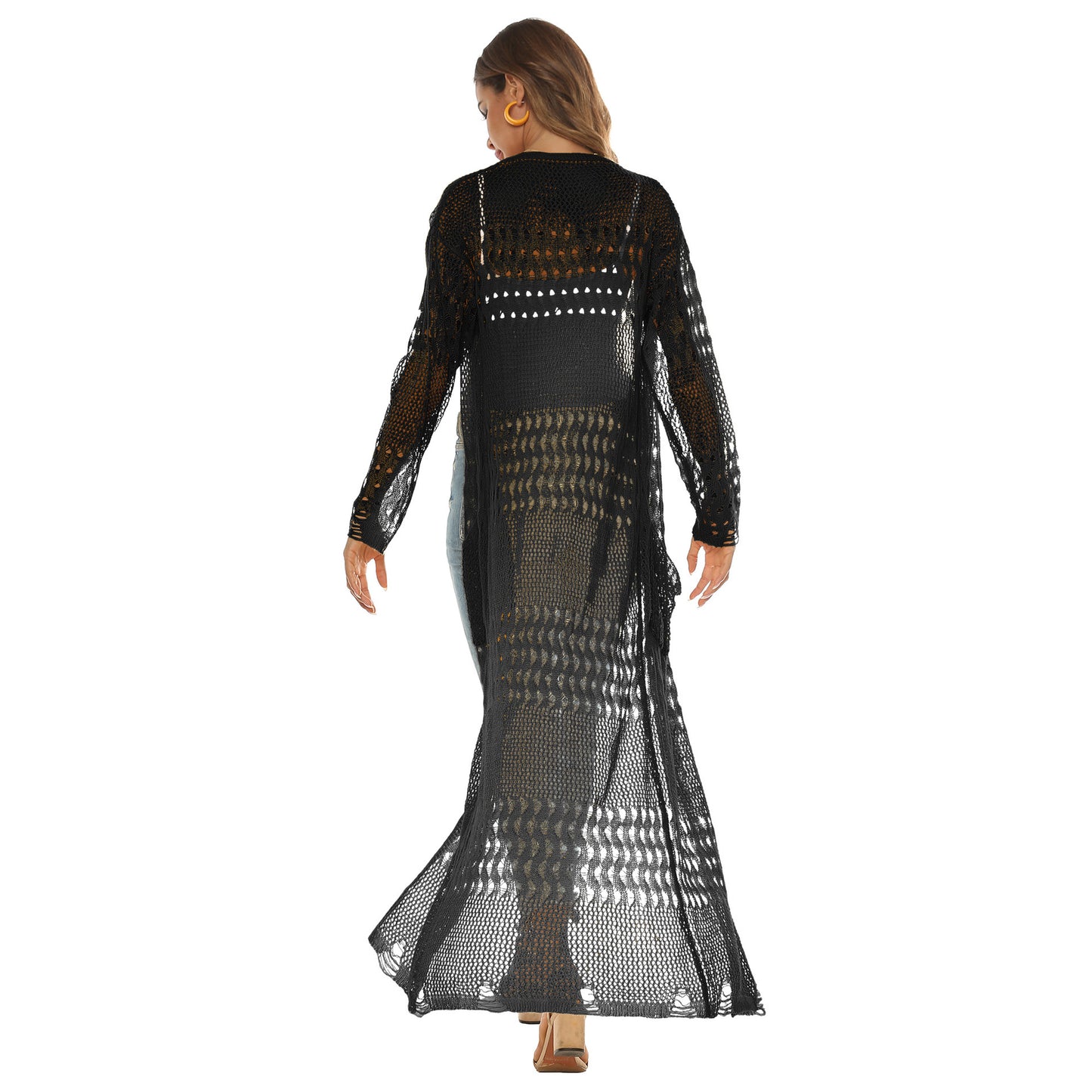 Women's Thin Woven Sweater Sheer Cutout Long
