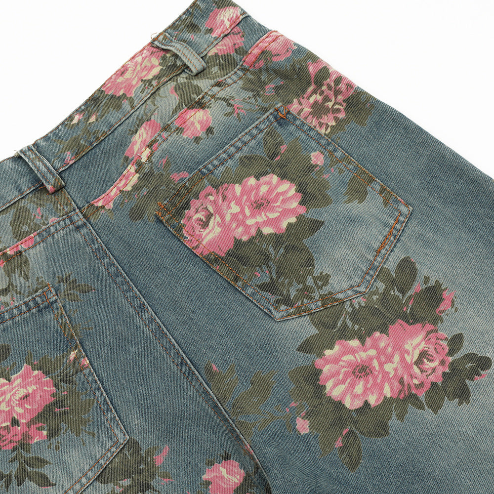 Men's Full Printed Rose Denim Trousers