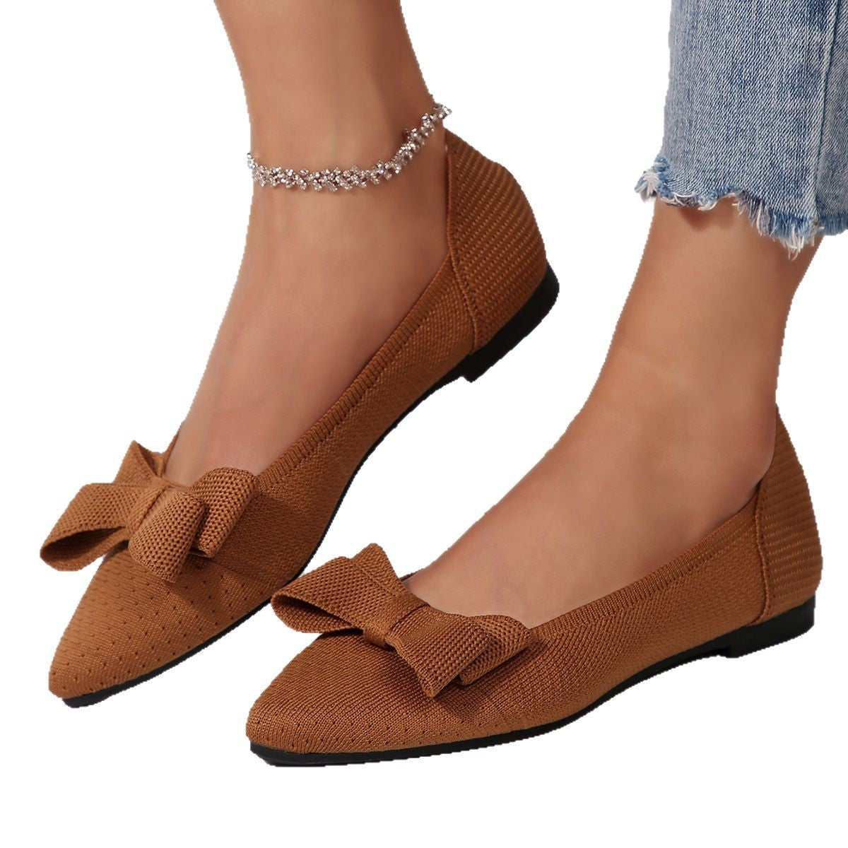 Pointed Knitted Bow Shallow Mouth Pumps Women's Western Style With Skirt Flat