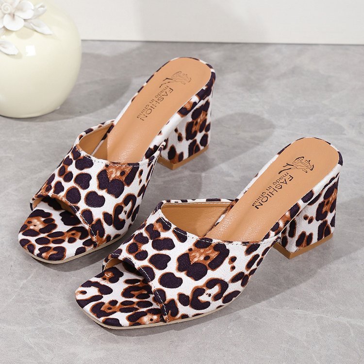 Leopard Square Toe Chunky Heel Shoes For Women