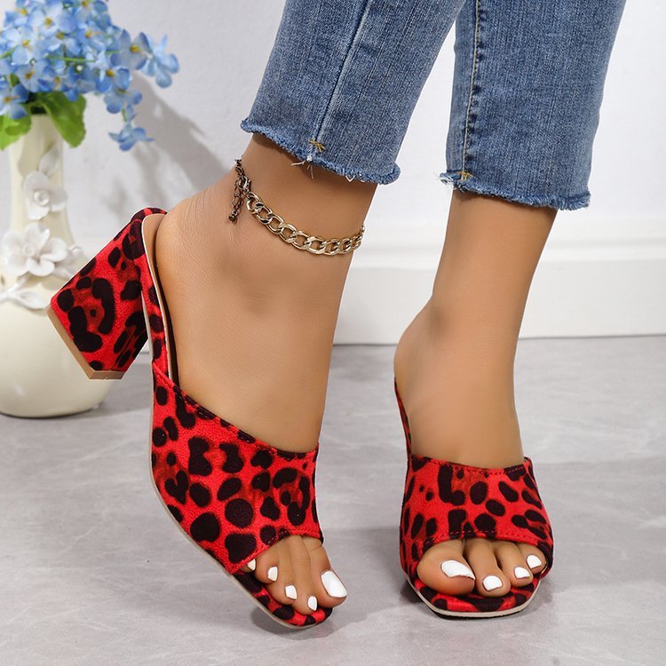 Leopard Square Toe Chunky Heel Shoes For Women