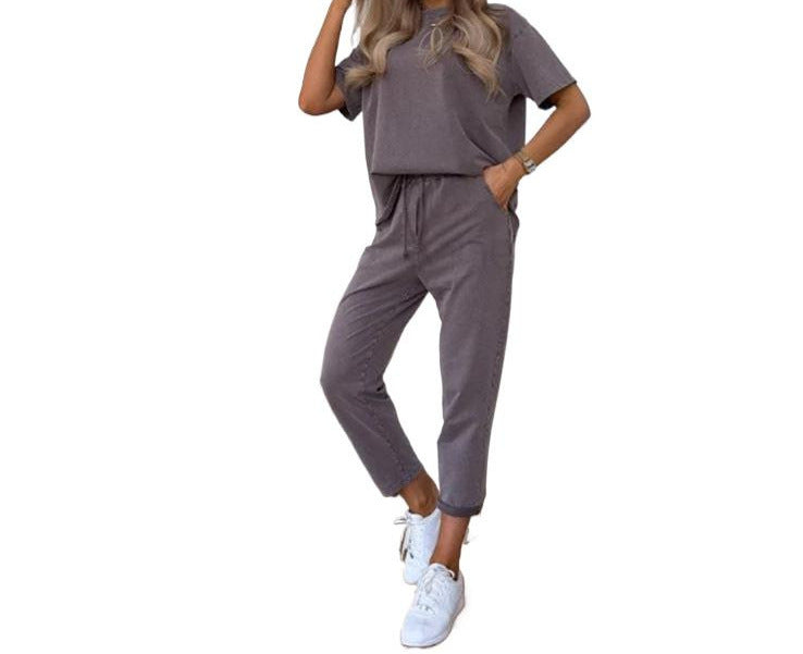 Solid Color Short-sleeved Cropped Pants Casual 2-piece Set