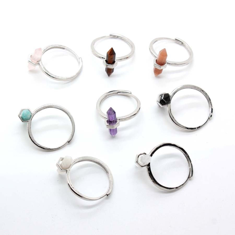 Crystal Stone Double Pointed Small Hexagon Prism Open Adjustable Ring