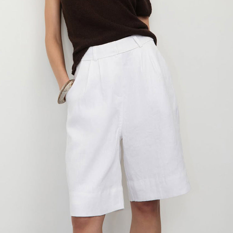 High Waist Loose White Wide-leg Half Pants