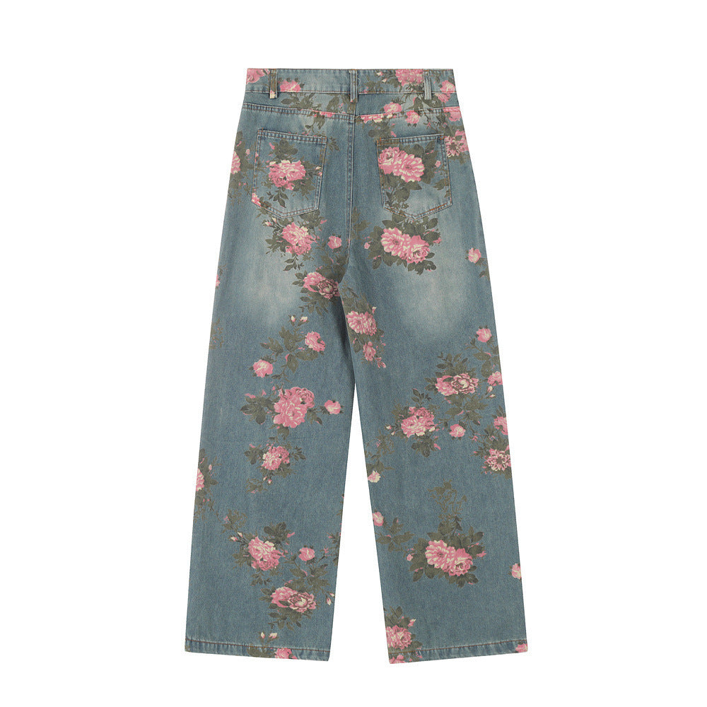 Men's Full Printed Rose Denim Trousers