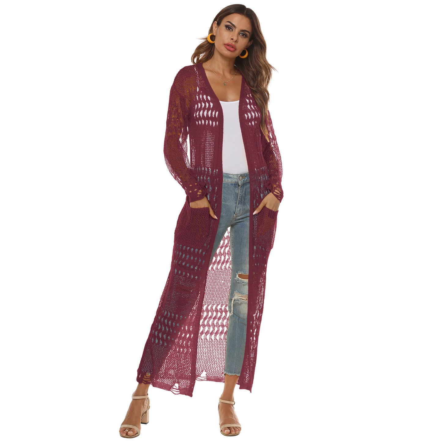 Women's Thin Woven Sweater Sheer Cutout Long
