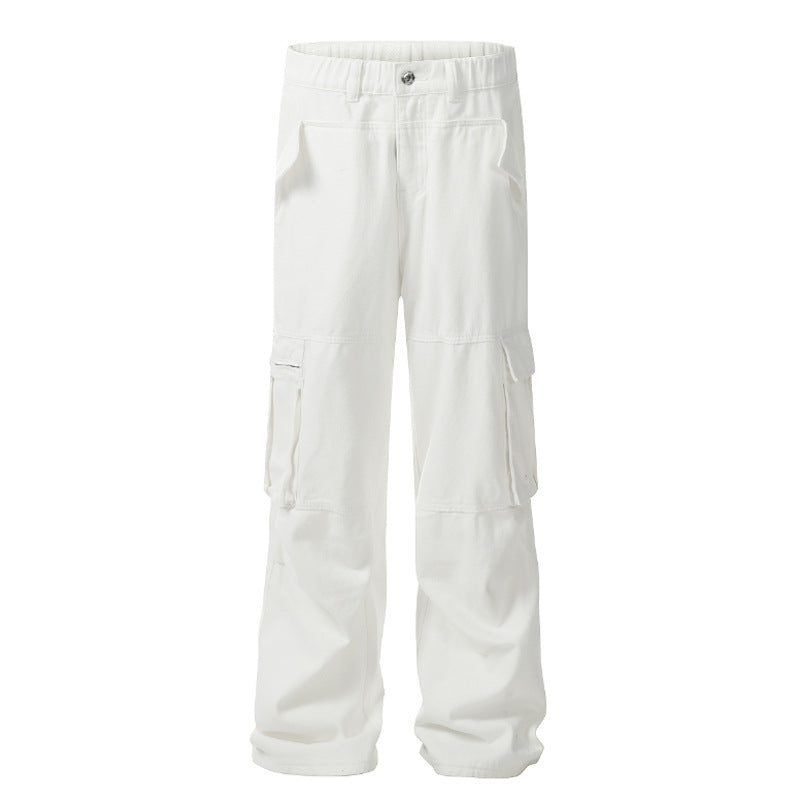 White Casual Three-dimensional Pocket Straight Summer New Loose Flared Trousers