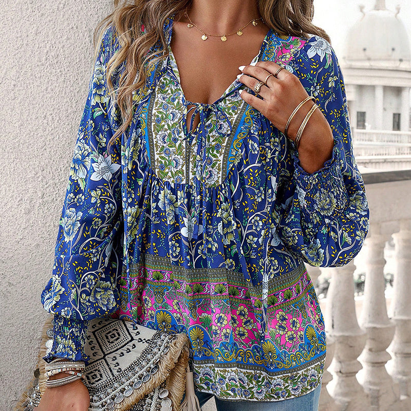 Wpmens Boho Chic Long Sleeve Blouse Floral Print V-Neck Top With Lace-Up & Drawstring Detail Elegant Vacation Shirt