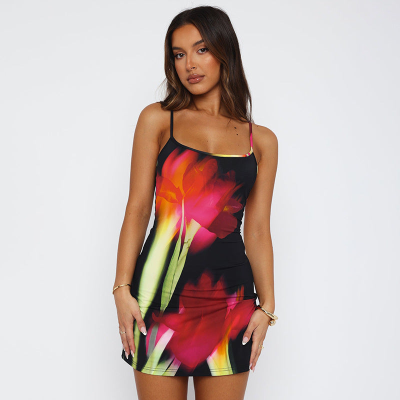Summer Flowers Printed Suspender Dress Fashion For Women