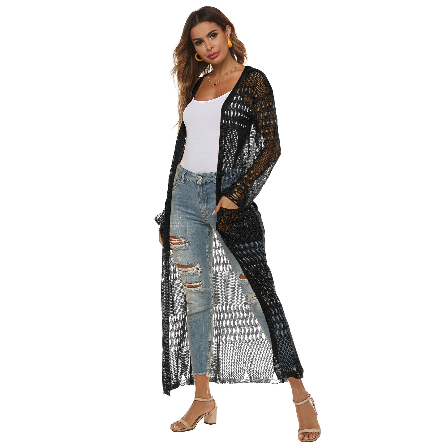 Women's Thin Woven Sweater Sheer Cutout Long