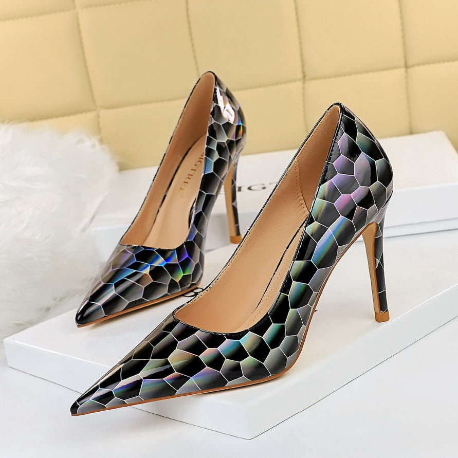 Sexy Stiletto Pumps Pointed Toe Metal Stone Pattern High Heels