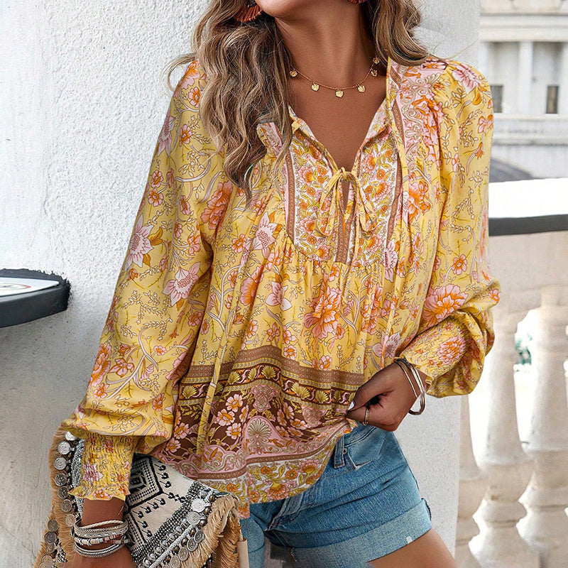 Wpmens Boho Chic Long Sleeve Blouse Floral Print V-Neck Top With Lace-Up & Drawstring Detail Elegant Vacation Shirt