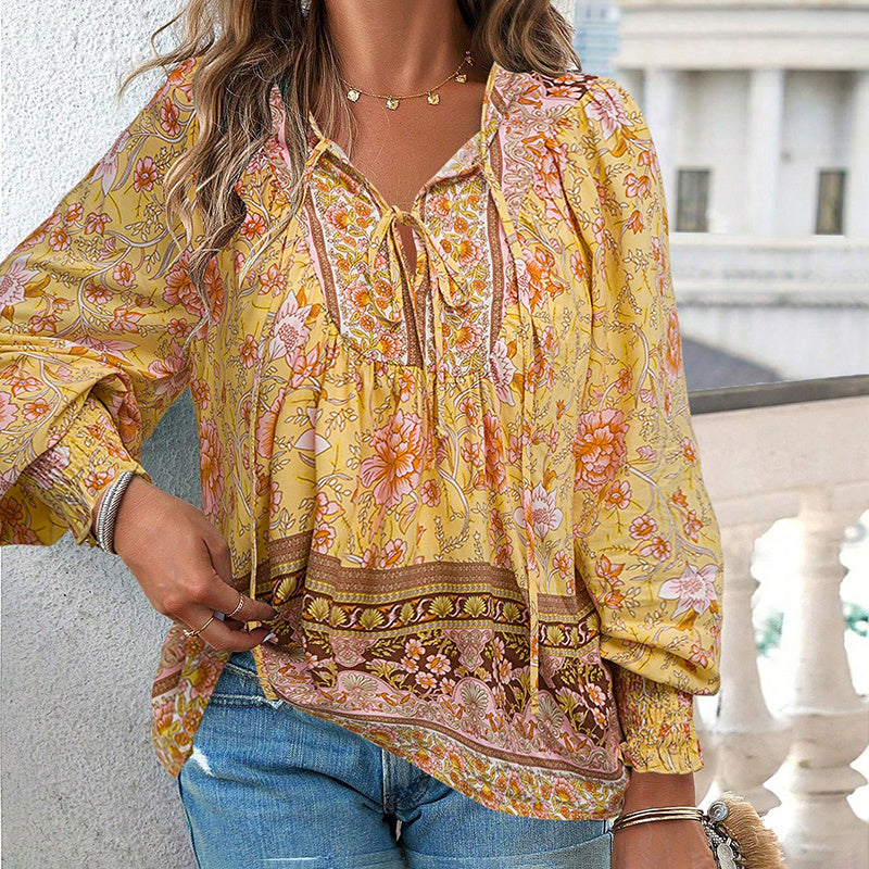 Wpmens Boho Chic Long Sleeve Blouse Floral Print V-Neck Top With Lace-Up & Drawstring Detail Elegant Vacation Shirt