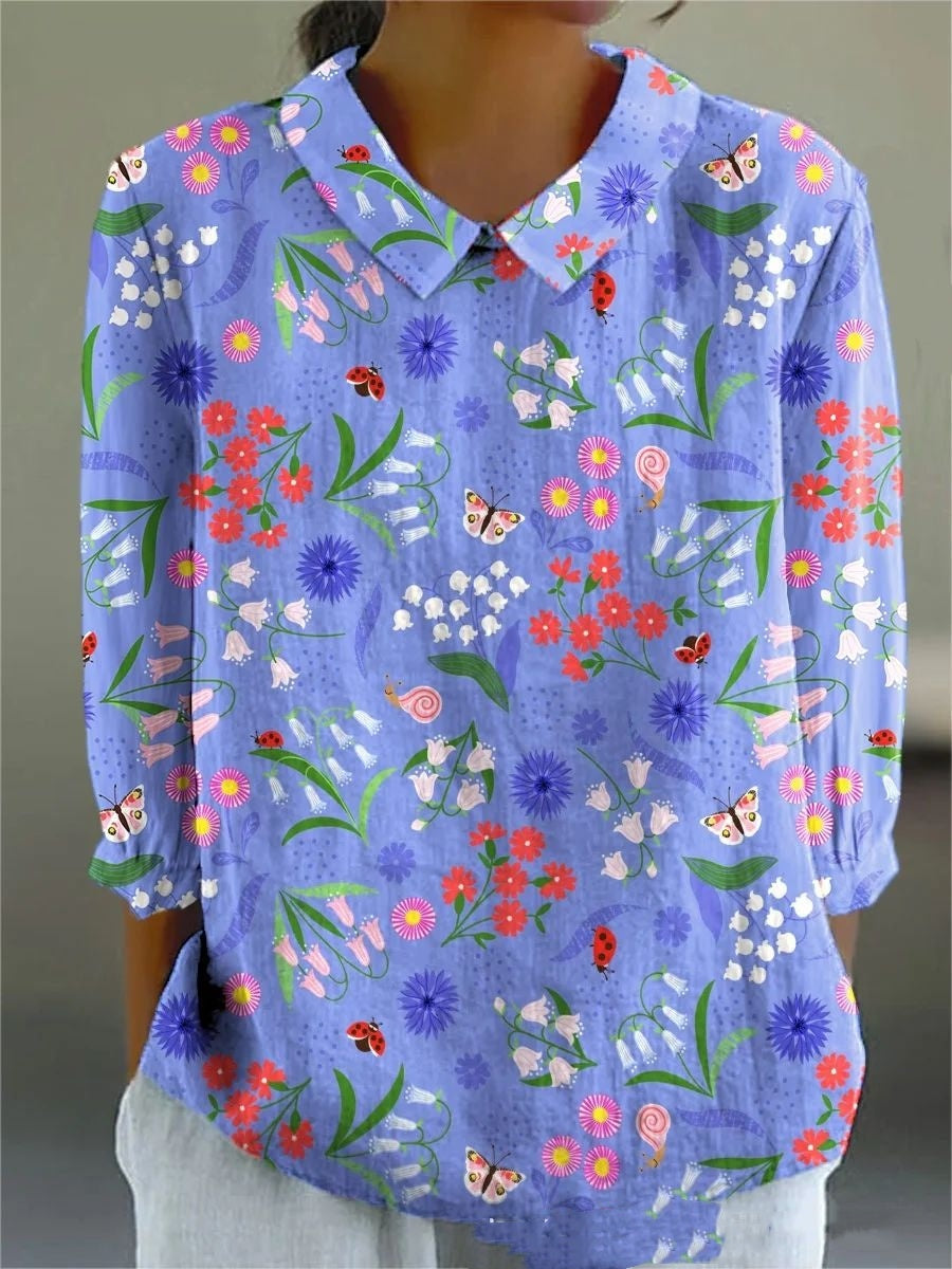 Summer Lapels Women's Long Sleeve Creative Retro Floral Japanese Simple