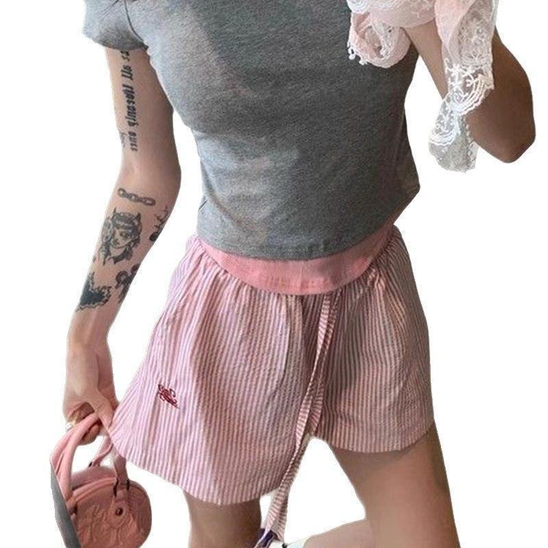 Blue Color With Pinky White Flowers Vertical Striped Hot Pants Women's Wide Leg Shorts Success Active