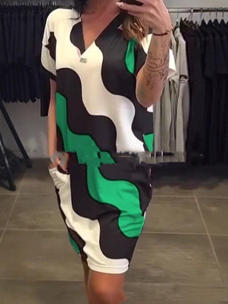 Women's Short-sleeved V-neck Mid-length Dress