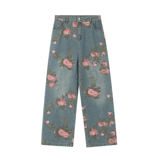 Men's Full Printed Rose Denim Trousers