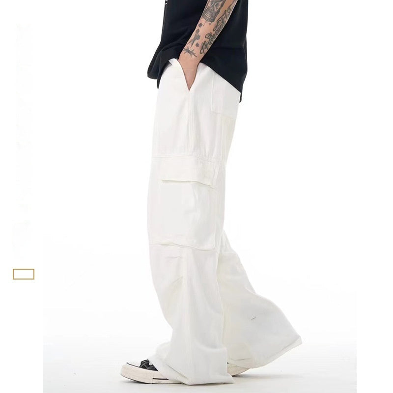 White Casual Three-dimensional Pocket Straight Summer New Loose Flared Trousers