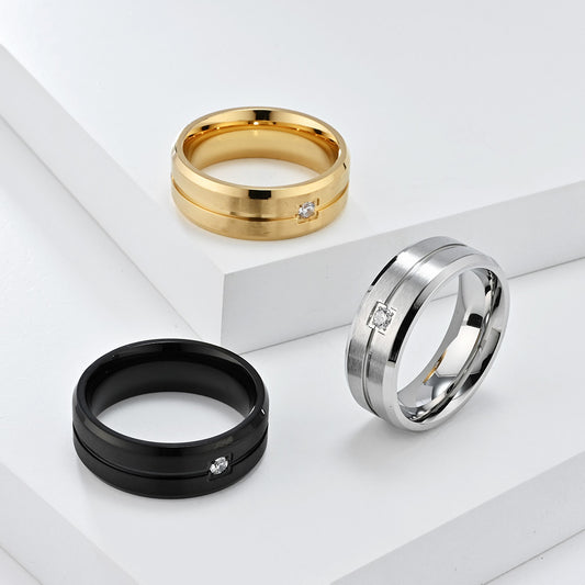 Simple Style Titanium Steel Carved Inlaid Zircon Single Diamond Men's Ring