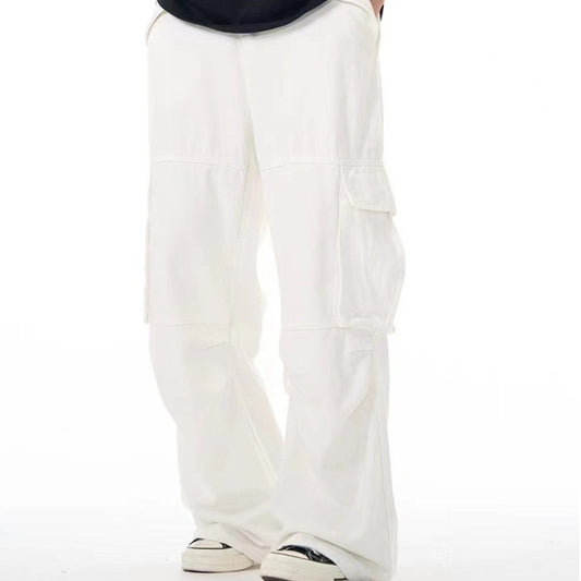 White Casual Three-dimensional Pocket Straight Summer New Loose Flared Trousers