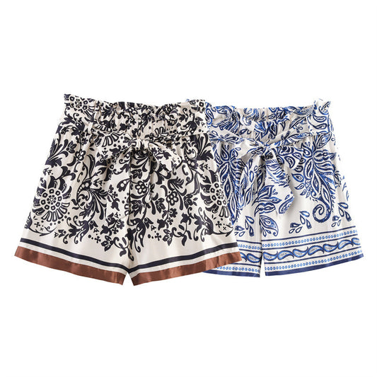 Ethnic Style Silk Satin Textured Printed Shorts