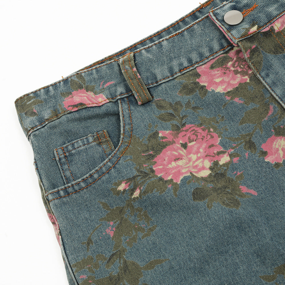Men's Full Printed Rose Denim Trousers
