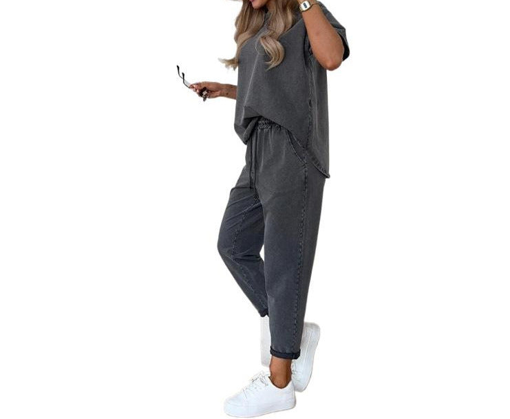 Solid Color Short-sleeved Cropped Pants Casual 2-piece Set