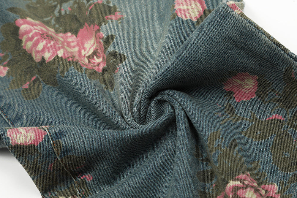 Men's Full Printed Rose Denim Trousers