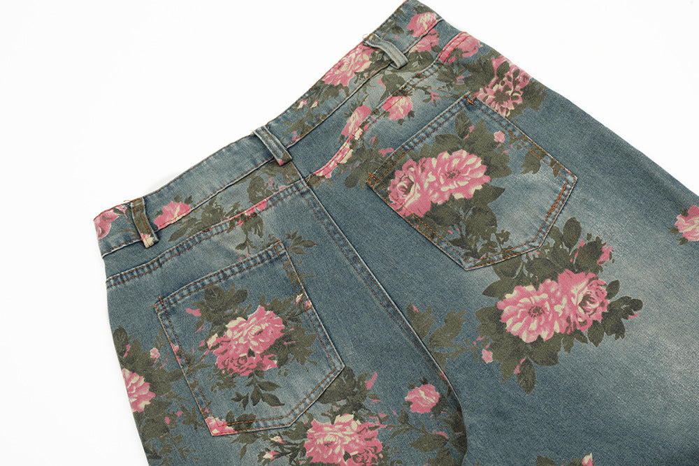 Men's Full Printed Rose Denim Trousers