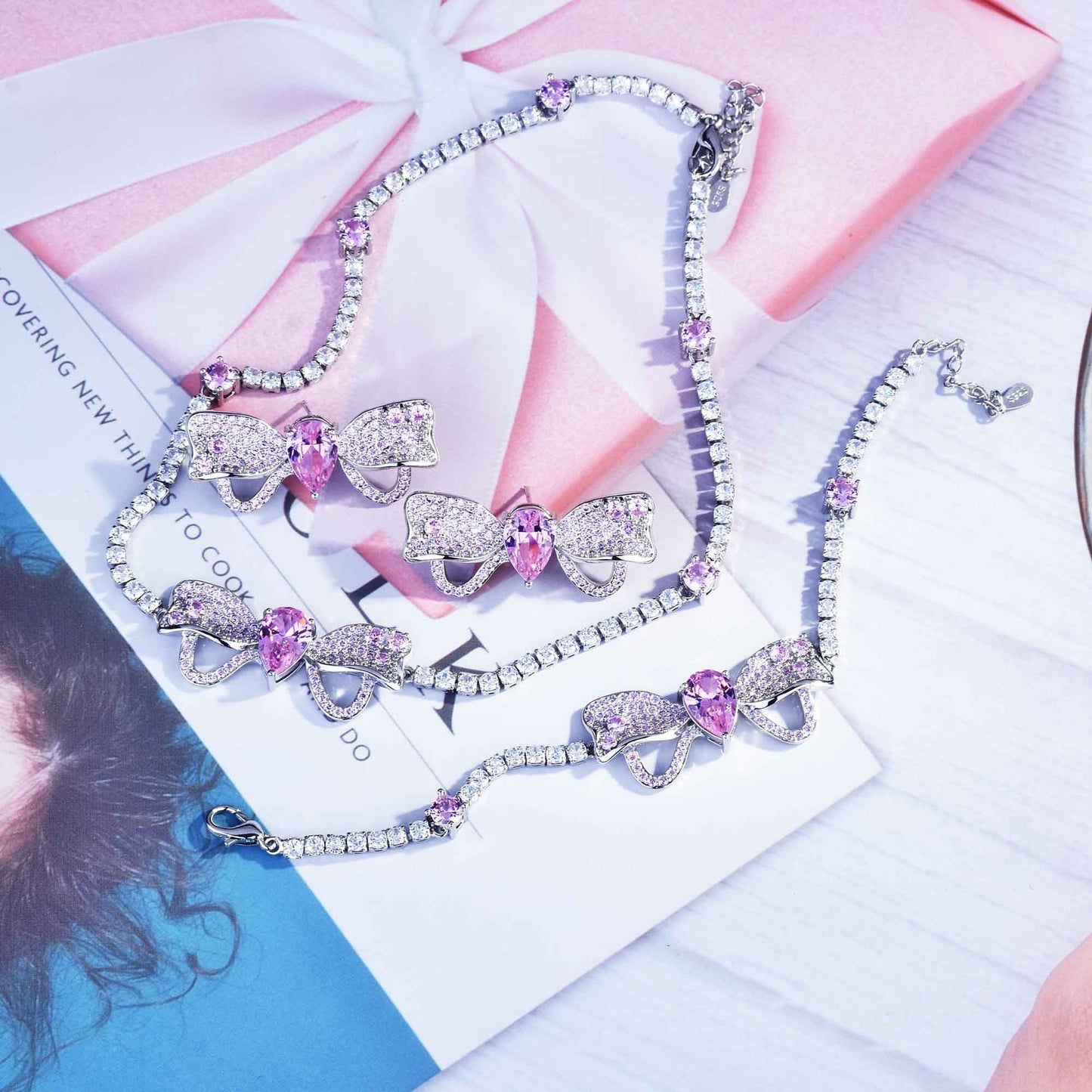 High-grade Affordable Luxury Fashion Full Diamond Bow Necklace Necklace Bracelet Ear Studs Suit