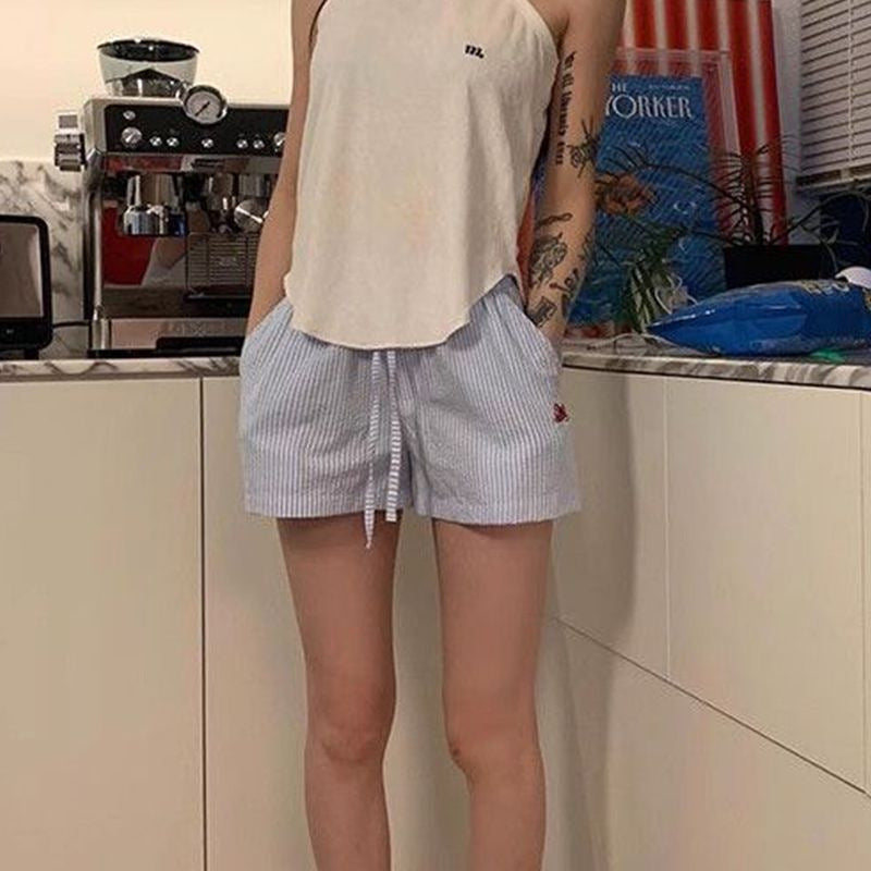 Blue Color With Pinky White Flowers Vertical Striped Hot Pants Women's Wide Leg Shorts Success Active