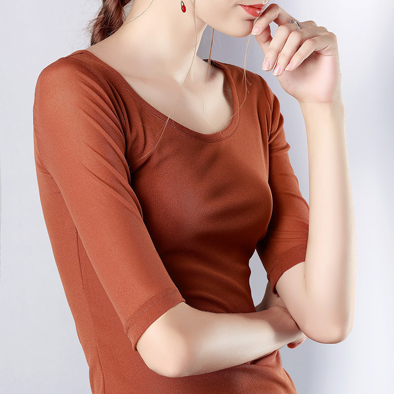 Women's Elegant Scoop Mesh T-shirt Solid Color Waist Stretch Top