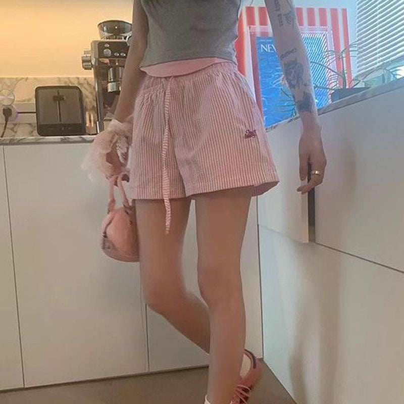 Blue Color With Pinky White Flowers Vertical Striped Hot Pants Women's Wide Leg Shorts Success Active
