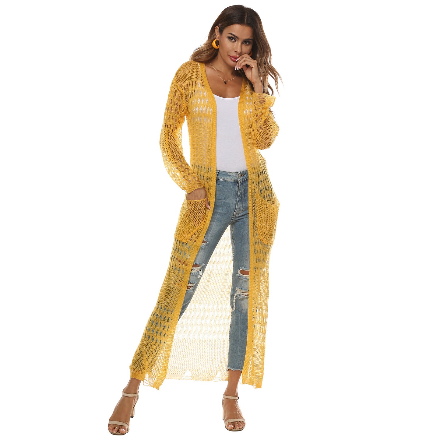 Women's Thin Woven Sweater Sheer Cutout Long