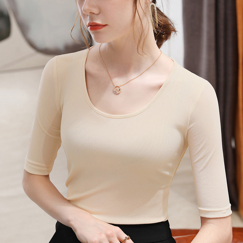 Women's Elegant Scoop Mesh T-shirt Solid Color Waist Stretch Top