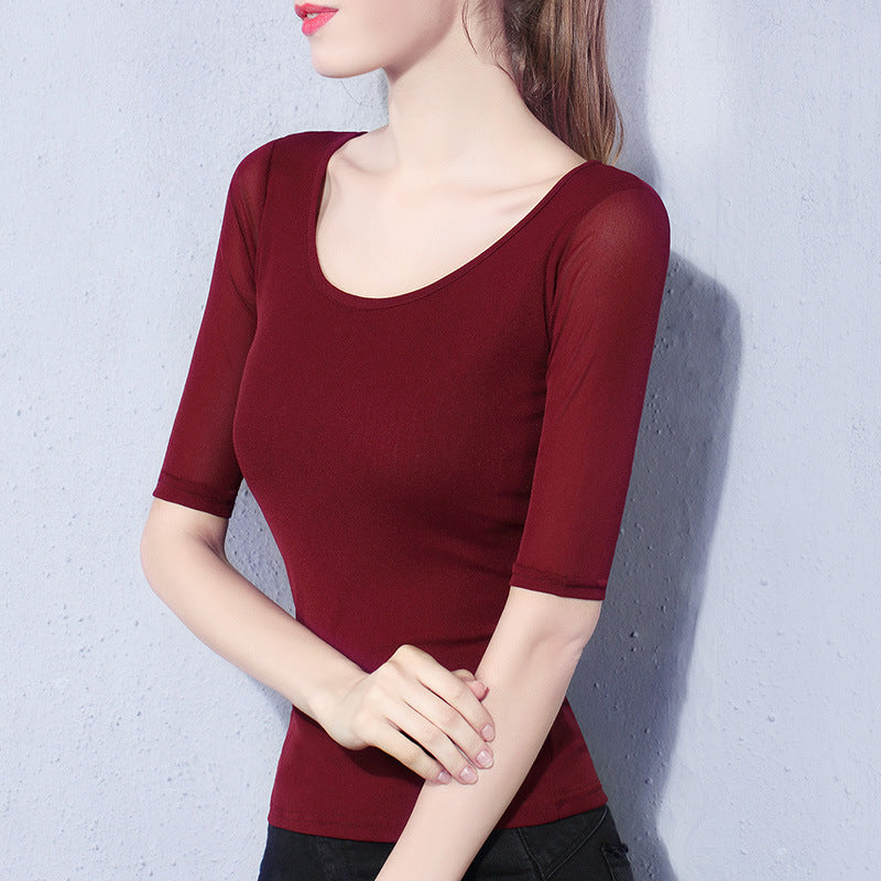 Women's Elegant Scoop Mesh T-shirt Solid Color Waist Stretch Top