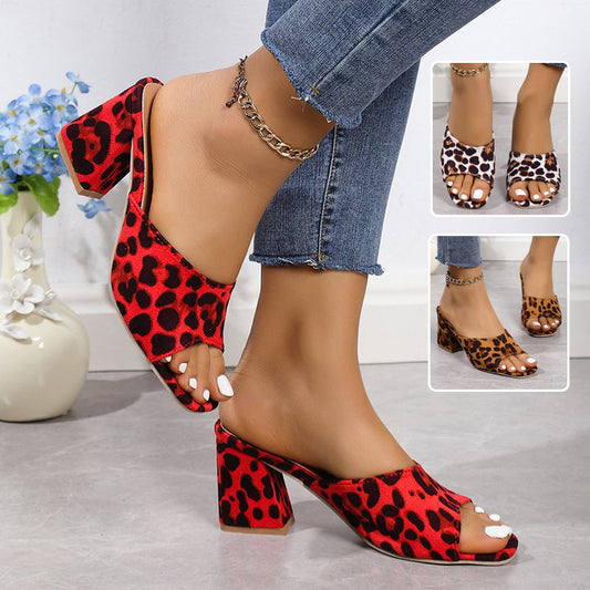 Leopard Square Toe Chunky Heel Shoes For Women