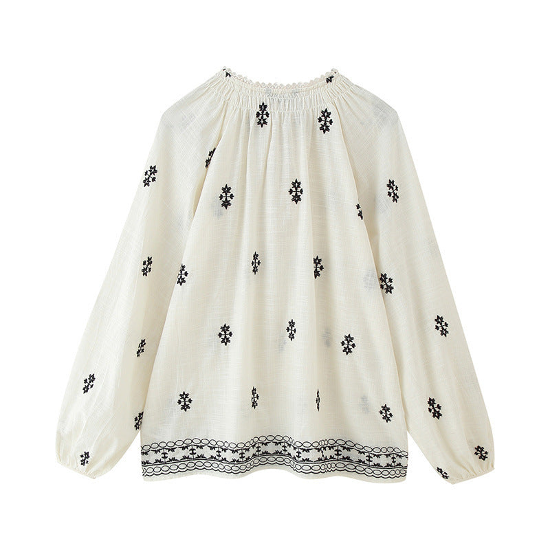 European And American Style Women's Fashion Casual Loose Long Sleeve Lace-up Embroidered Shirt