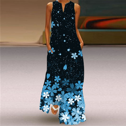 Vintage Printed V-neck Long Sleeveless Dress