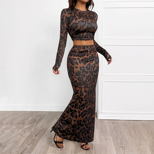 Leopard Print Round Neck Slim Fit Suit