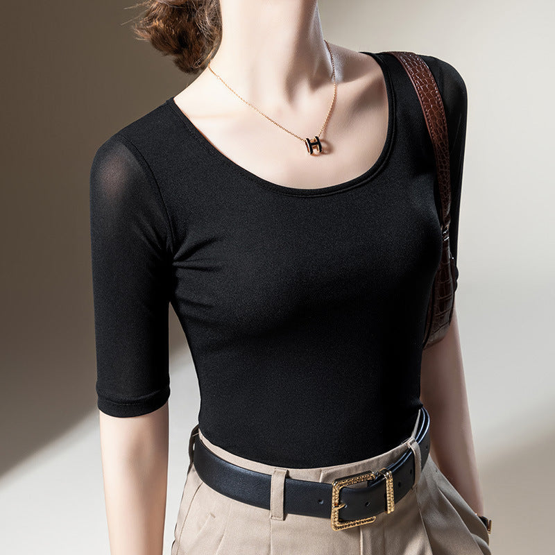 Women's Elegant Scoop Mesh T-shirt Solid Color Waist Stretch Top